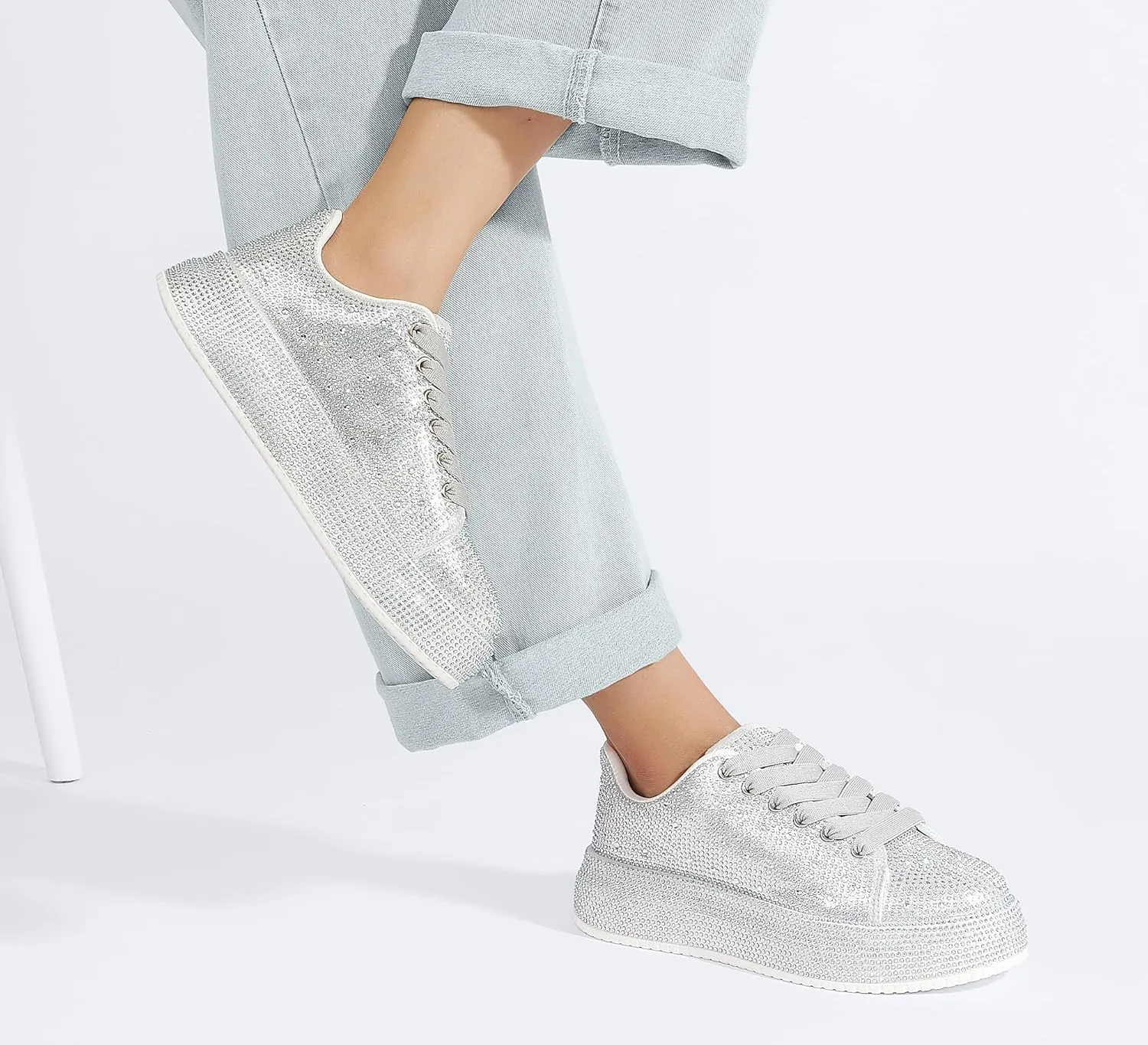 LUCKY STEP Rhinestone Sneakers for Women Platform Sparkly Glitter Bling Tennis Shoes Fashion Bedazzled Wedding Bridal Party Walking Sneakers