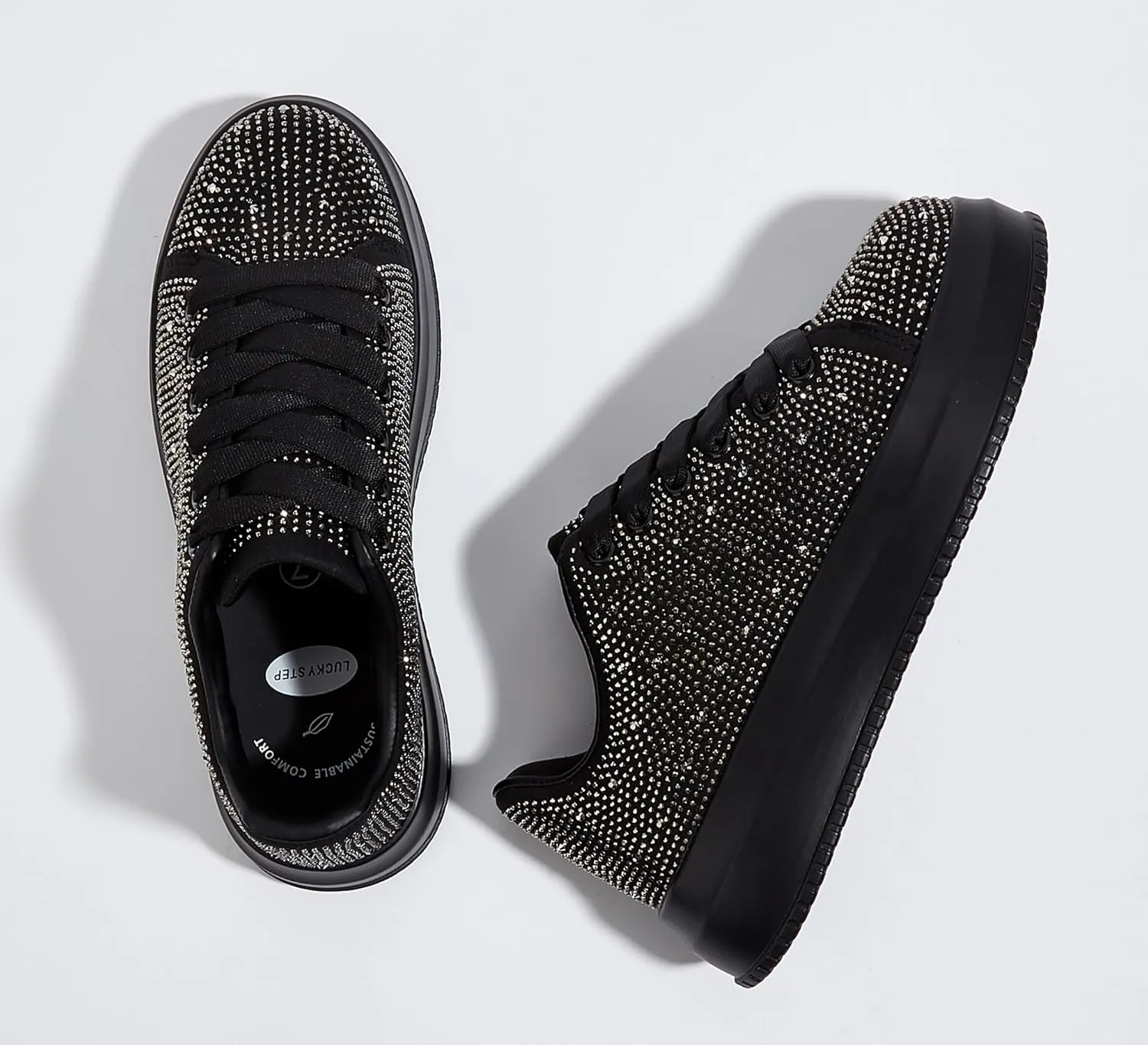 LUCKY STEP Rhinestone Sneakers for Women Platform Sparkly Glitter Bling Tennis Shoes Fashion Bedazzled Wedding Bridal Party Walking Sneakers