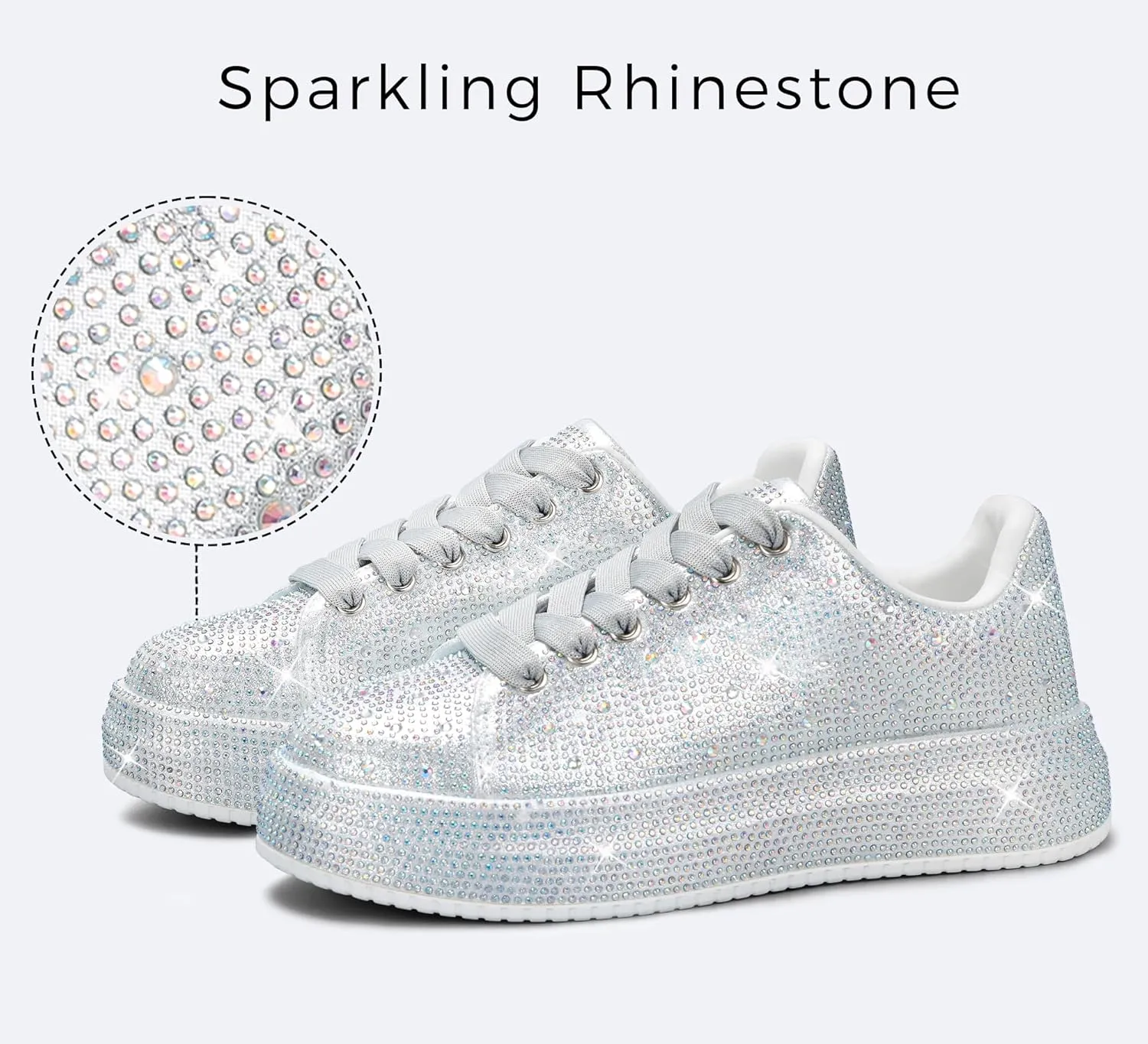 LUCKY STEP Rhinestone Sneakers for Women Platform Sparkly Glitter Bling Tennis Shoes Fashion Bedazzled Wedding Bridal Party Walking Sneakers