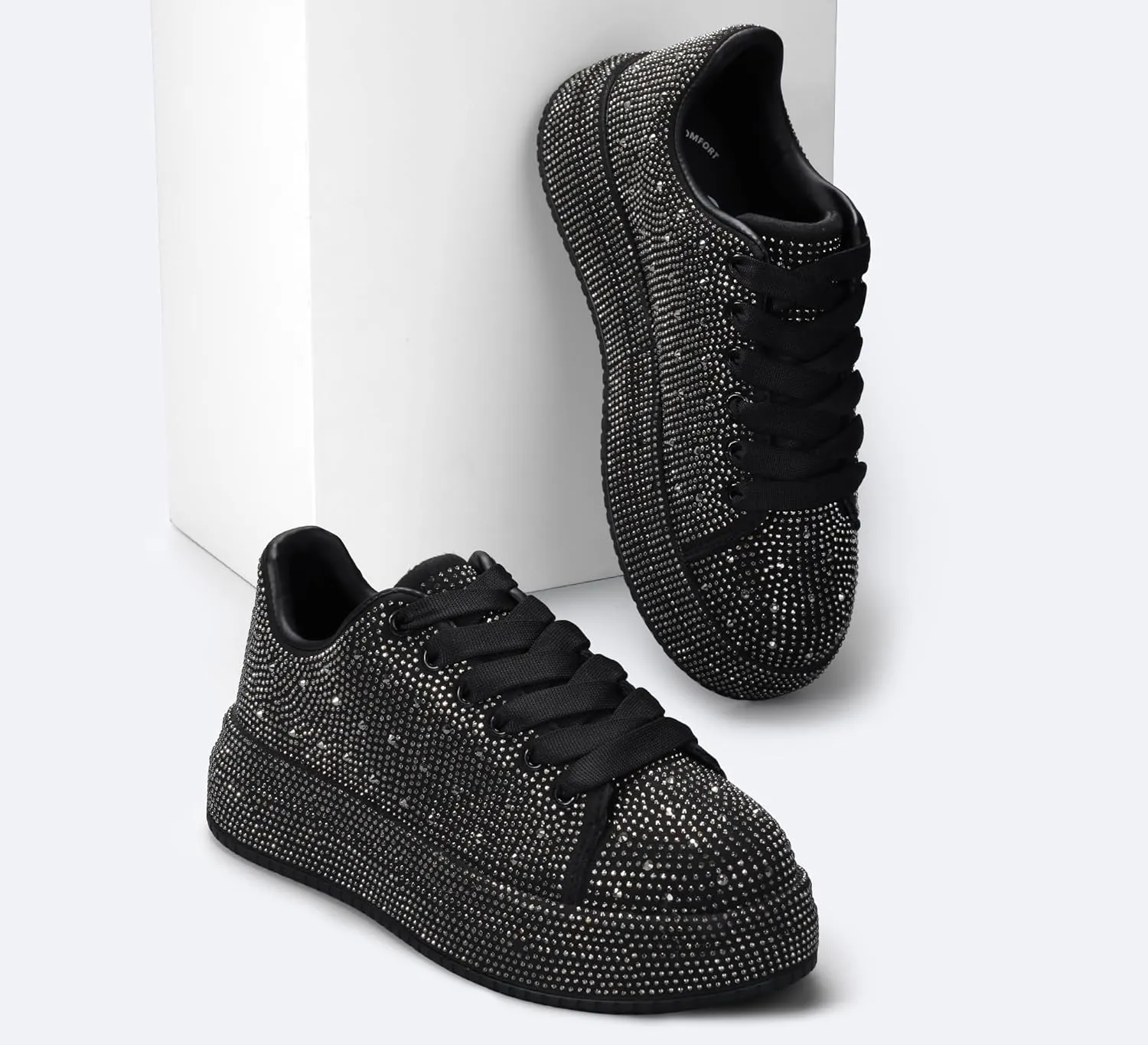 LUCKY STEP Rhinestone Sneakers for Women Platform Sparkly Glitter Bling Tennis Shoes Fashion Bedazzled Wedding Bridal Party Walking Sneakers