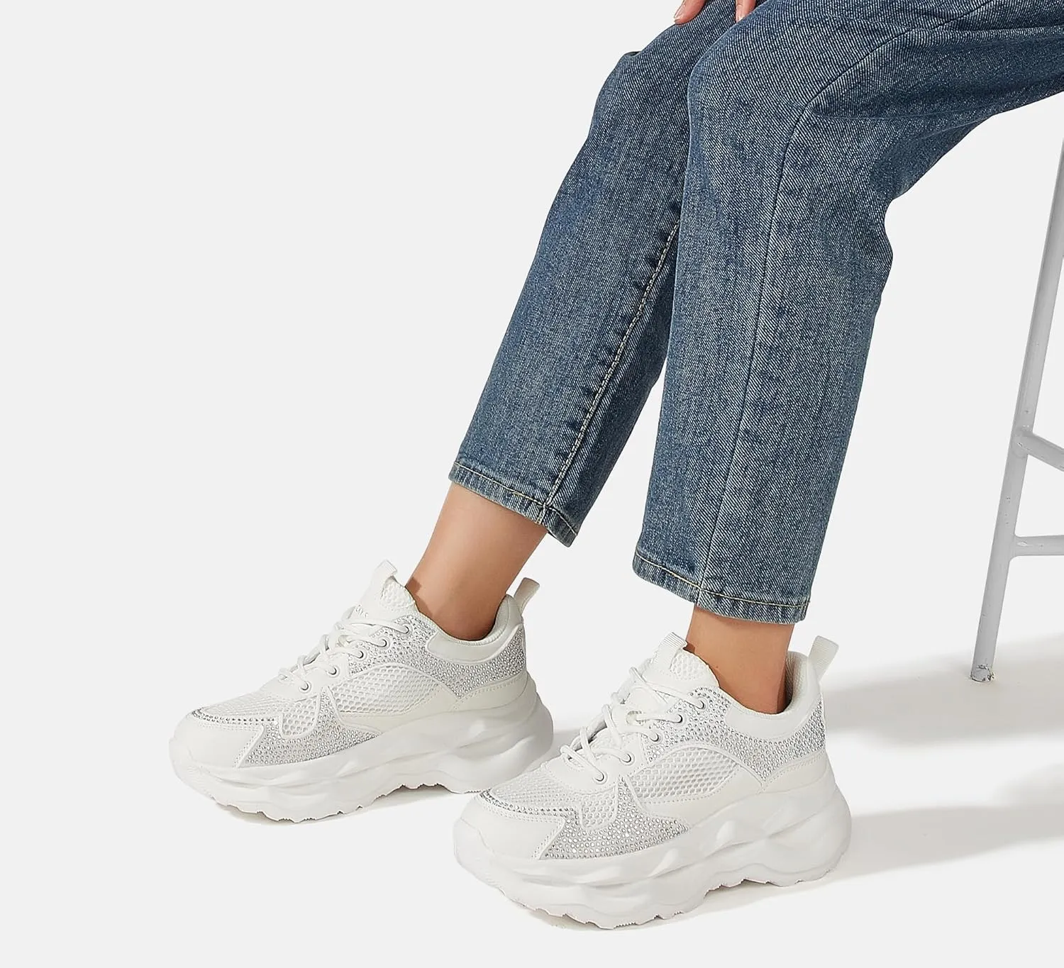 LUCKY STEP Women 's Chunky Sneakers 90s Fashion Thick Dad Rave Sparkly Bling Rhinestone Platform Casual Running Walking Shoes
