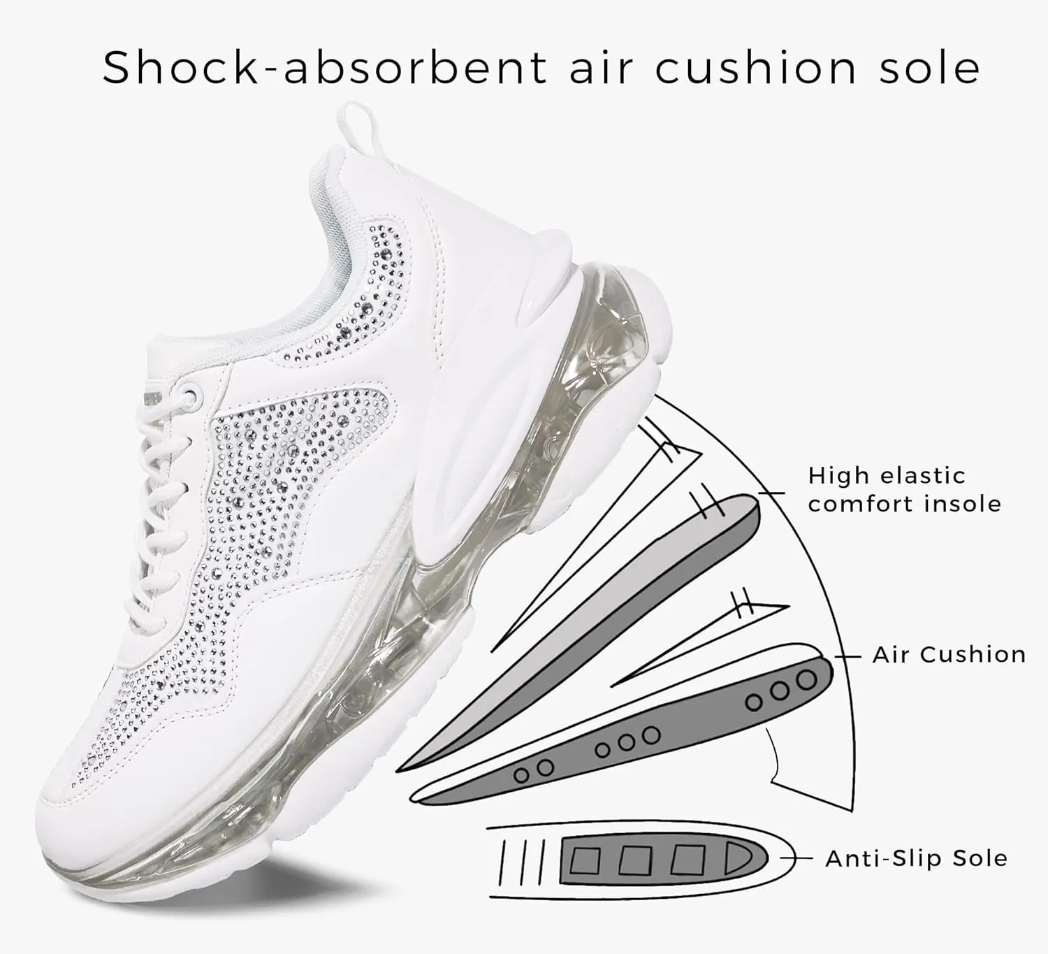 LUCKY STEP Women's Air Cushion Rhinestone Fashion Sneakers Chunky Rave Sparkly Casual Comfortable Walking Shoes