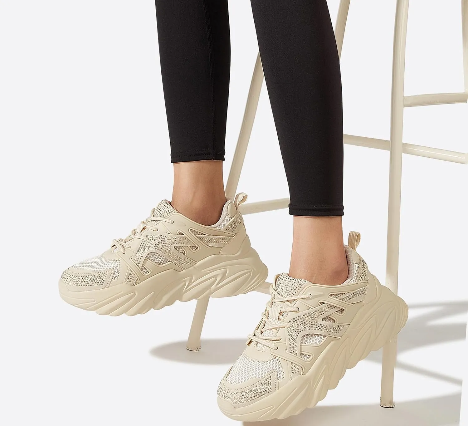 LUCKY STEP Women's Chunky Rhinestone Fashion Sneakers | Sparkly Platform Thick Dad Rave Mesh Walking Shoes