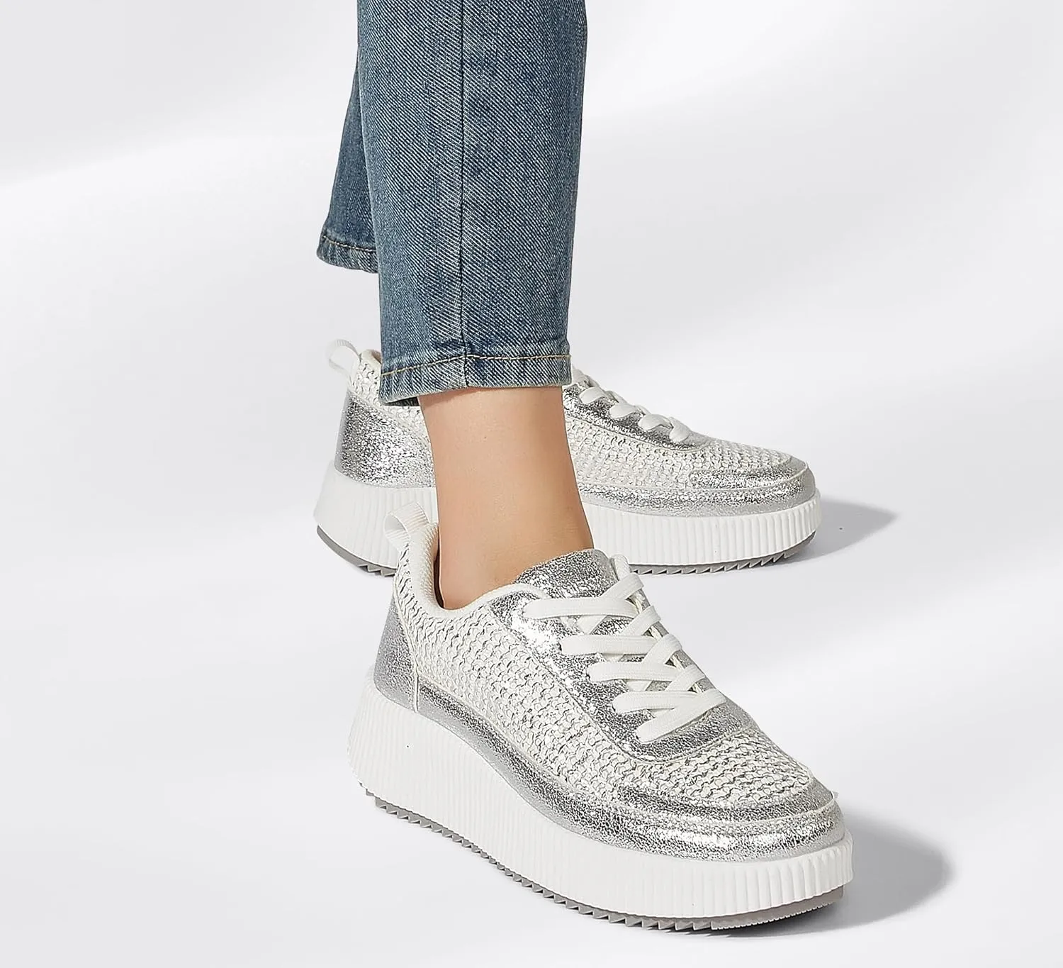 LUCKY STEP Women's Platform Sneakers Rhinestone Fashion Chunky Casual Sparkly Retro Braided Walking Shoes