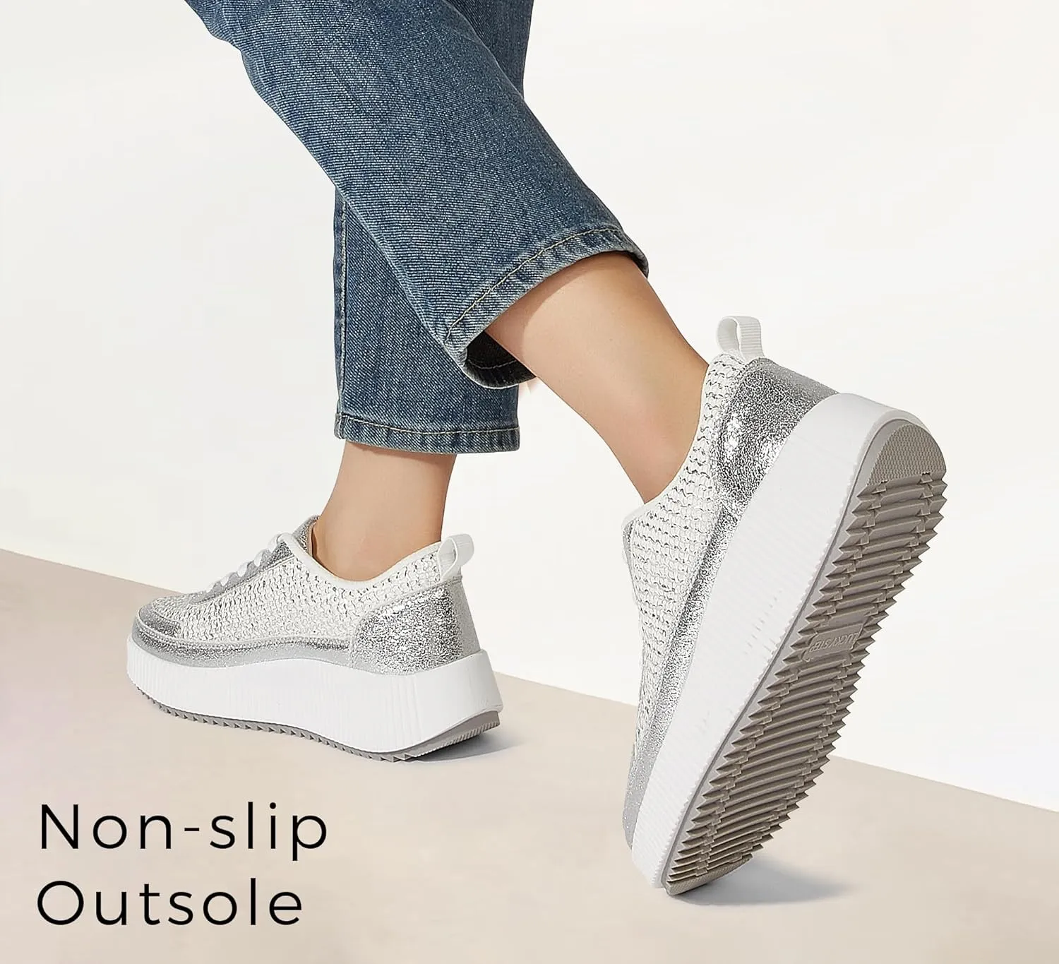 LUCKY STEP Women's Platform Sneakers Rhinestone Fashion Chunky Casual Sparkly Retro Braided Walking Shoes