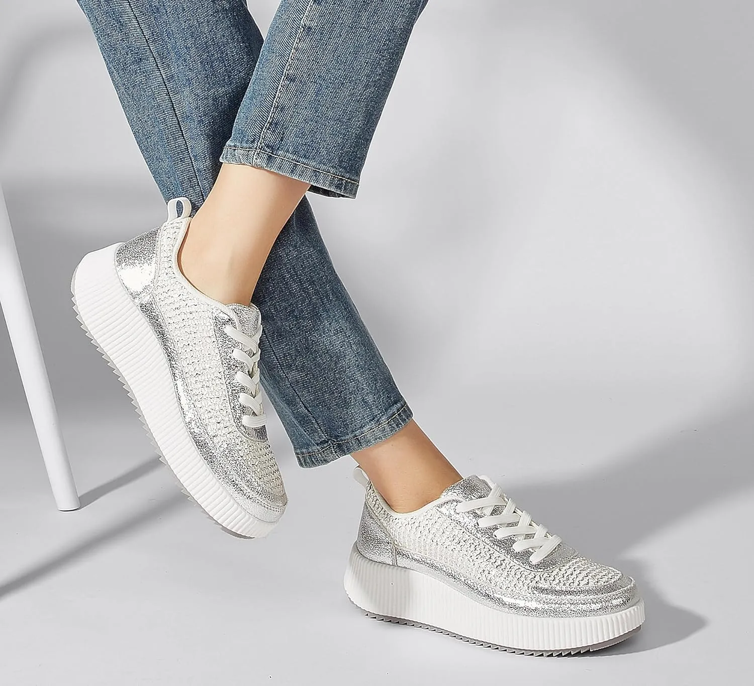 LUCKY STEP Women's Platform Sneakers Rhinestone Fashion Chunky Casual Sparkly Retro Braided Walking Shoes