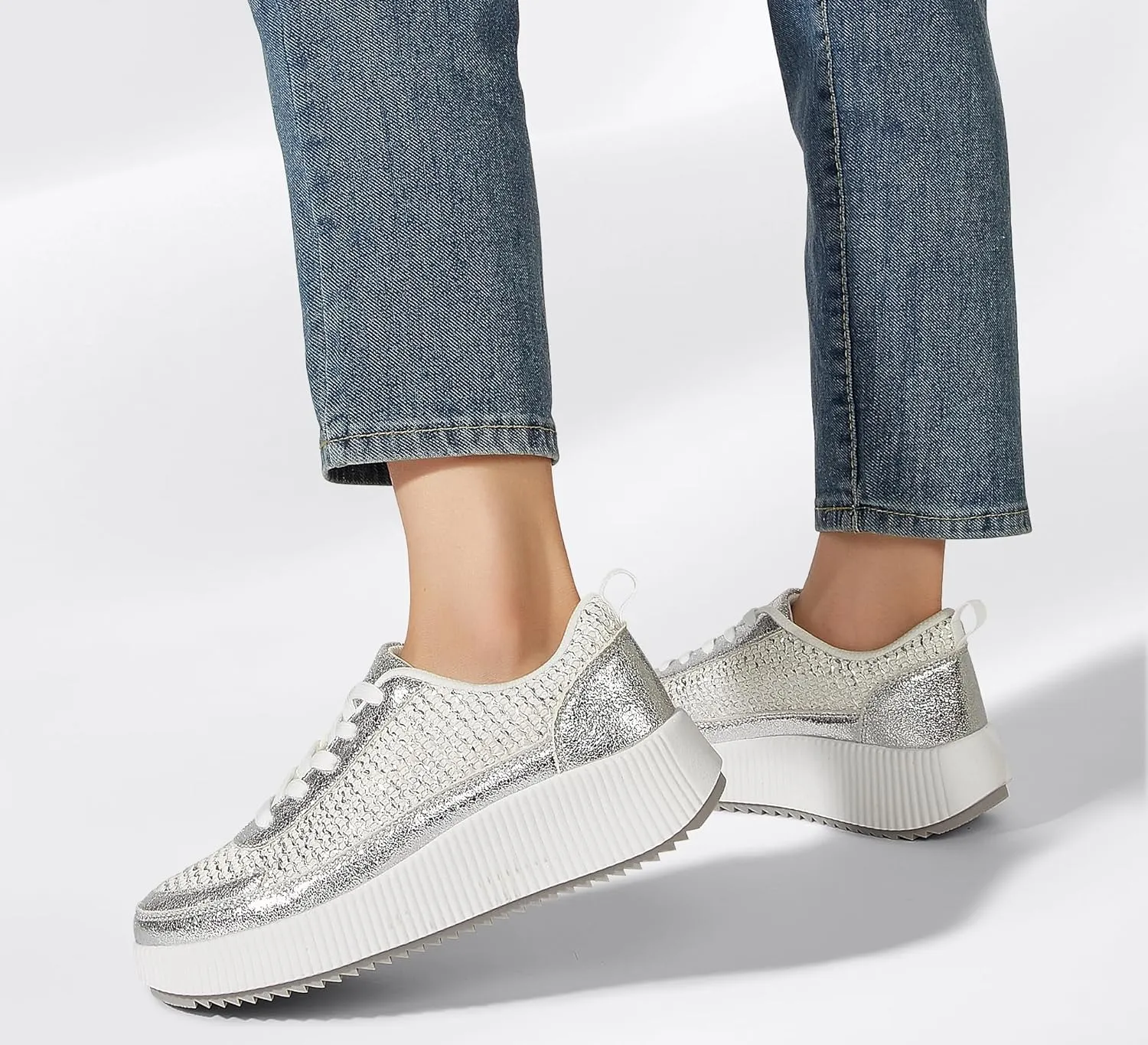 LUCKY STEP Women's Platform Sneakers Rhinestone Fashion Chunky Casual Sparkly Retro Braided Walking Shoes