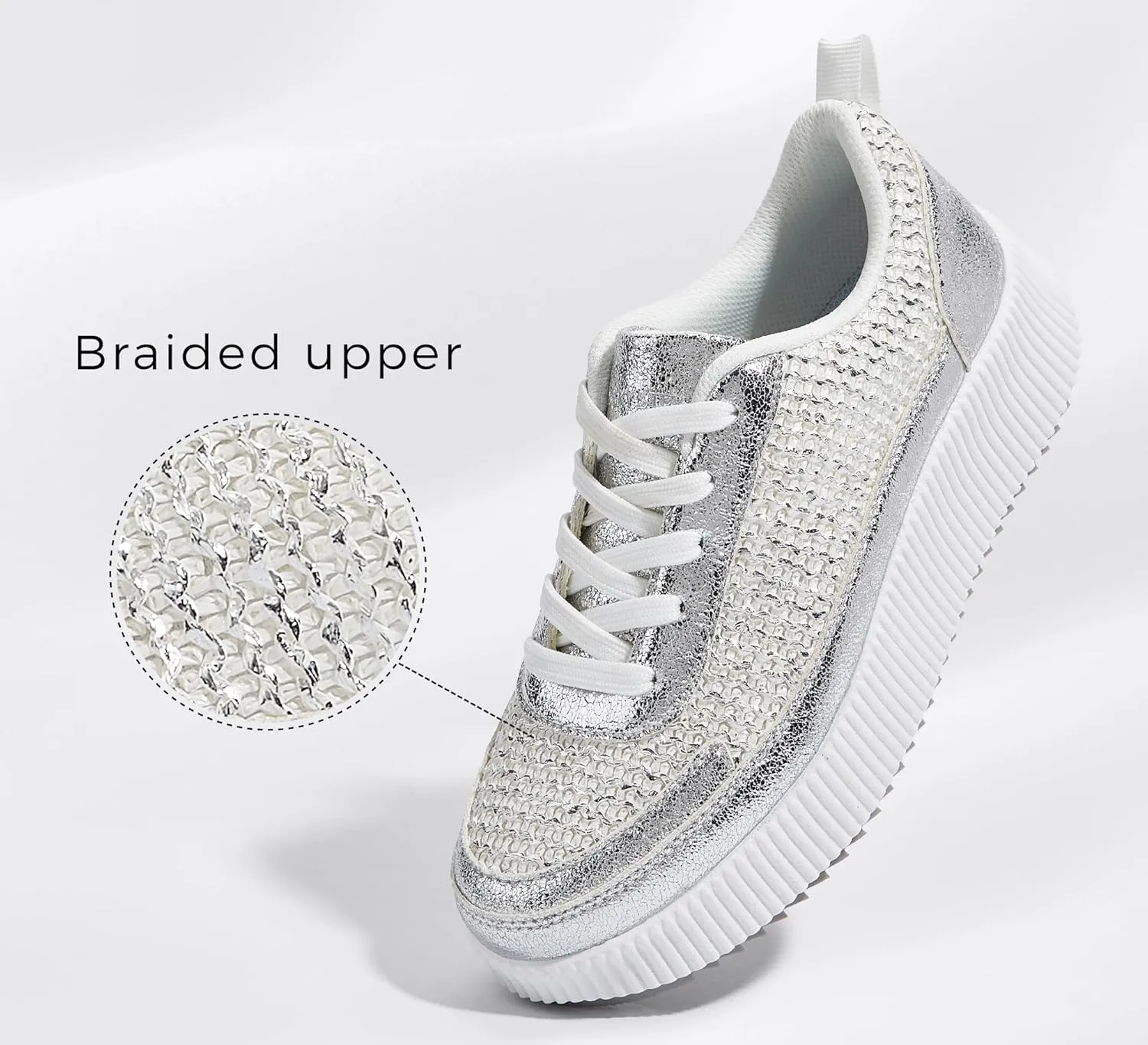 LUCKY STEP Women's Platform Sneakers Rhinestone Fashion Chunky Casual Sparkly Retro Braided Walking Shoes