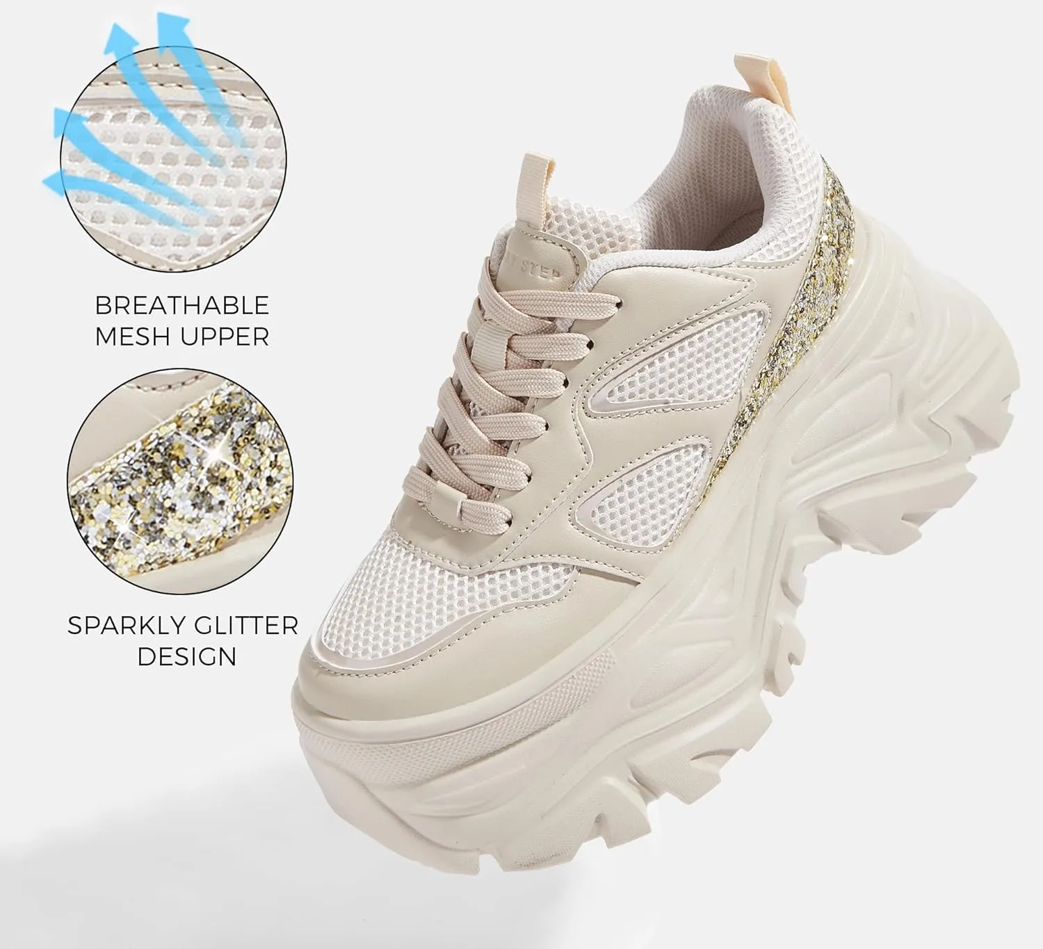 LUCKY STEP Women's Rhinestone Chunky Sneakers Breathable Lace-Up Platform Walking Sneakers Fashion Casual Dad Shoes