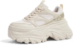 LUCKY STEP Women's Rhinestone Chunky Sneakers Breathable Lace-Up Platform Walking Sneakers Fashion Casual Dad Shoes