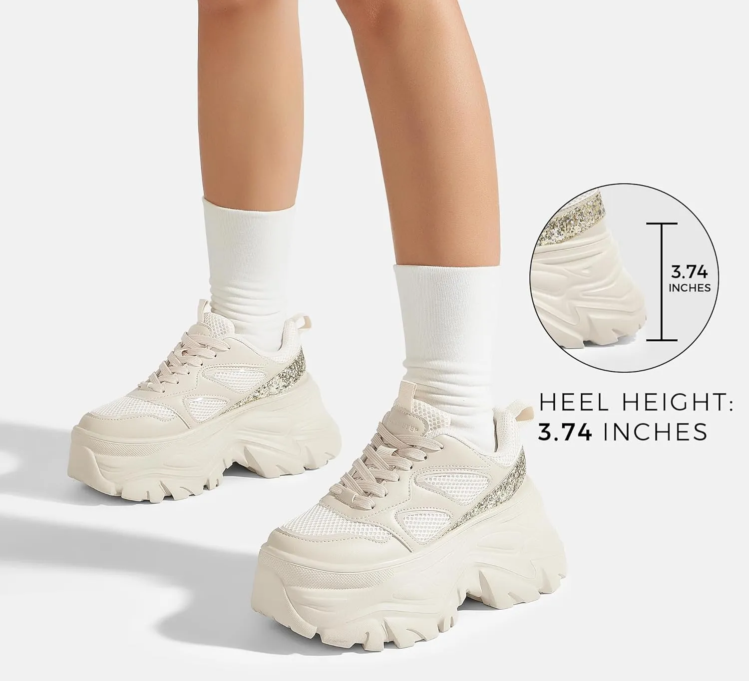 LUCKY STEP Women's Rhinestone Chunky Sneakers Breathable Lace-Up Platform Walking Sneakers Fashion Casual Dad Shoes