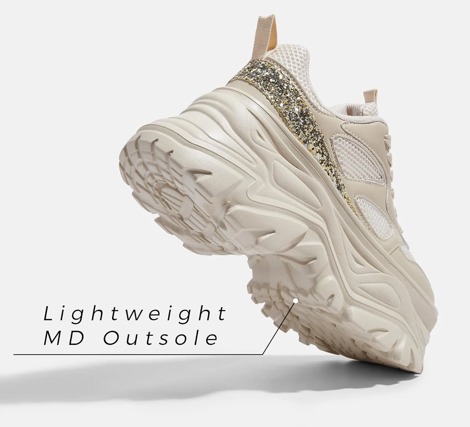LUCKY STEP Women's Rhinestone Chunky Sneakers Breathable Lace-Up Platform Walking Sneakers Fashion Casual Dad Shoes