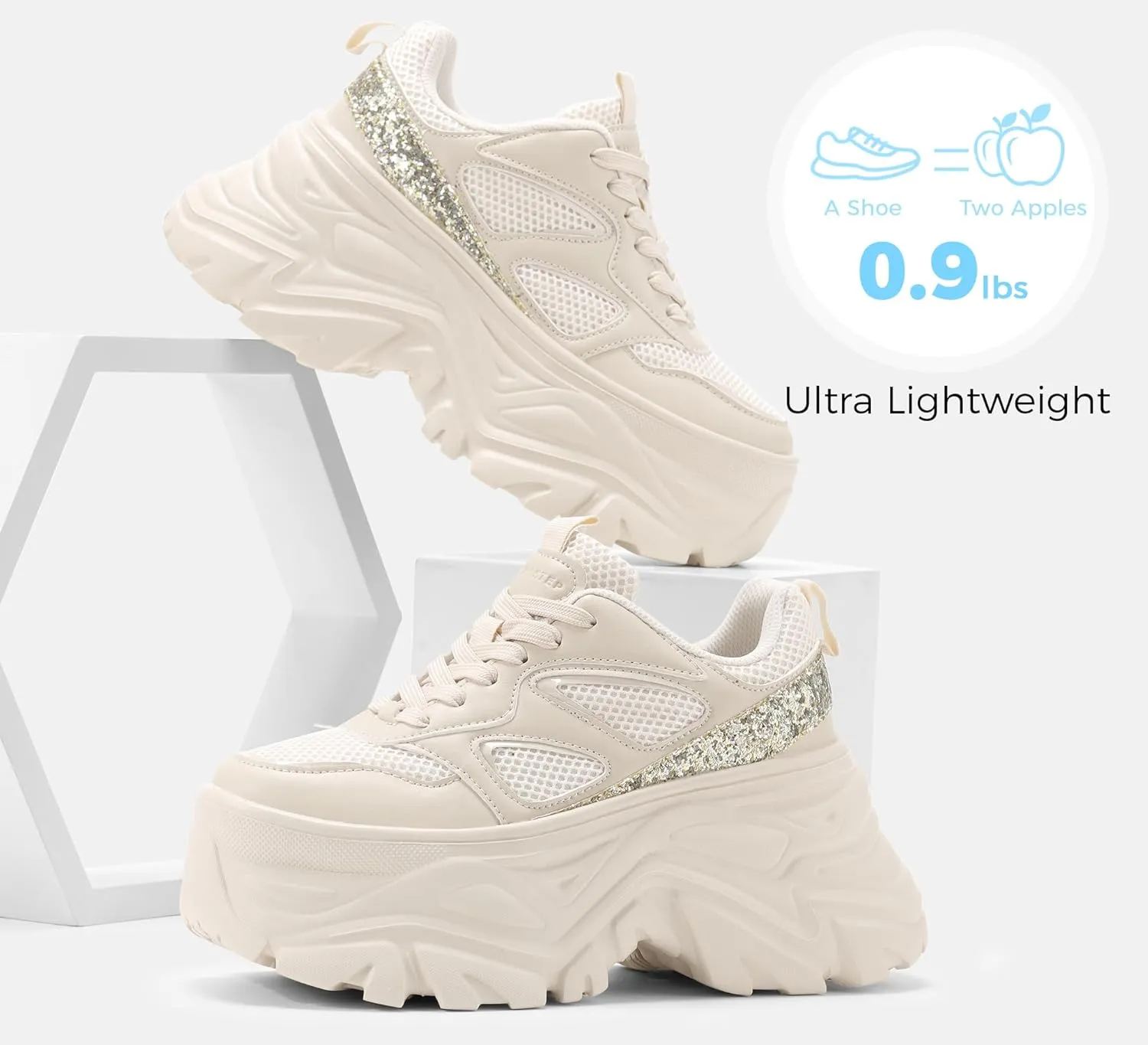 LUCKY STEP Women's Rhinestone Chunky Sneakers Breathable Lace-Up Platform Walking Sneakers Fashion Casual Dad Shoes