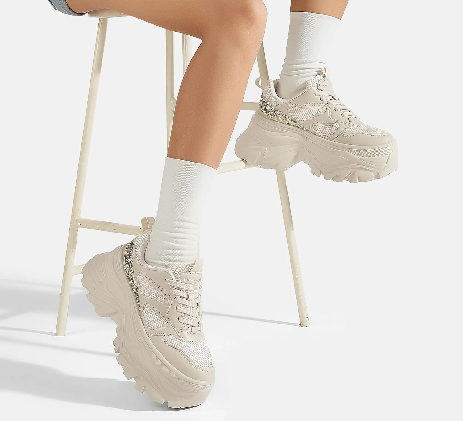 LUCKY STEP Women's Rhinestone Chunky Sneakers Breathable Lace-Up Platform Walking Sneakers Fashion Casual Dad Shoes