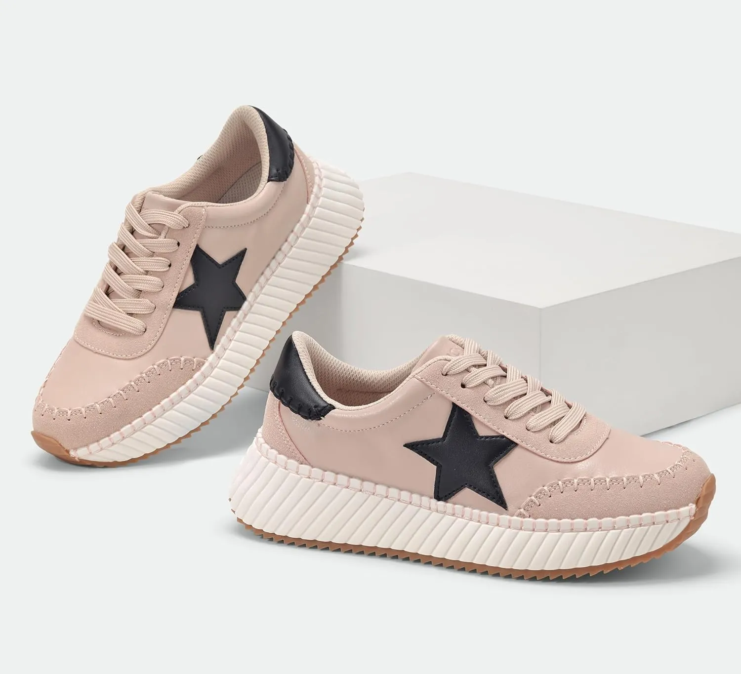 LUCKY STEP Women's Star Platform Sneakers Fashion Chunky Retro Trendy Casual Tennis Running Trainning Walking Shoes