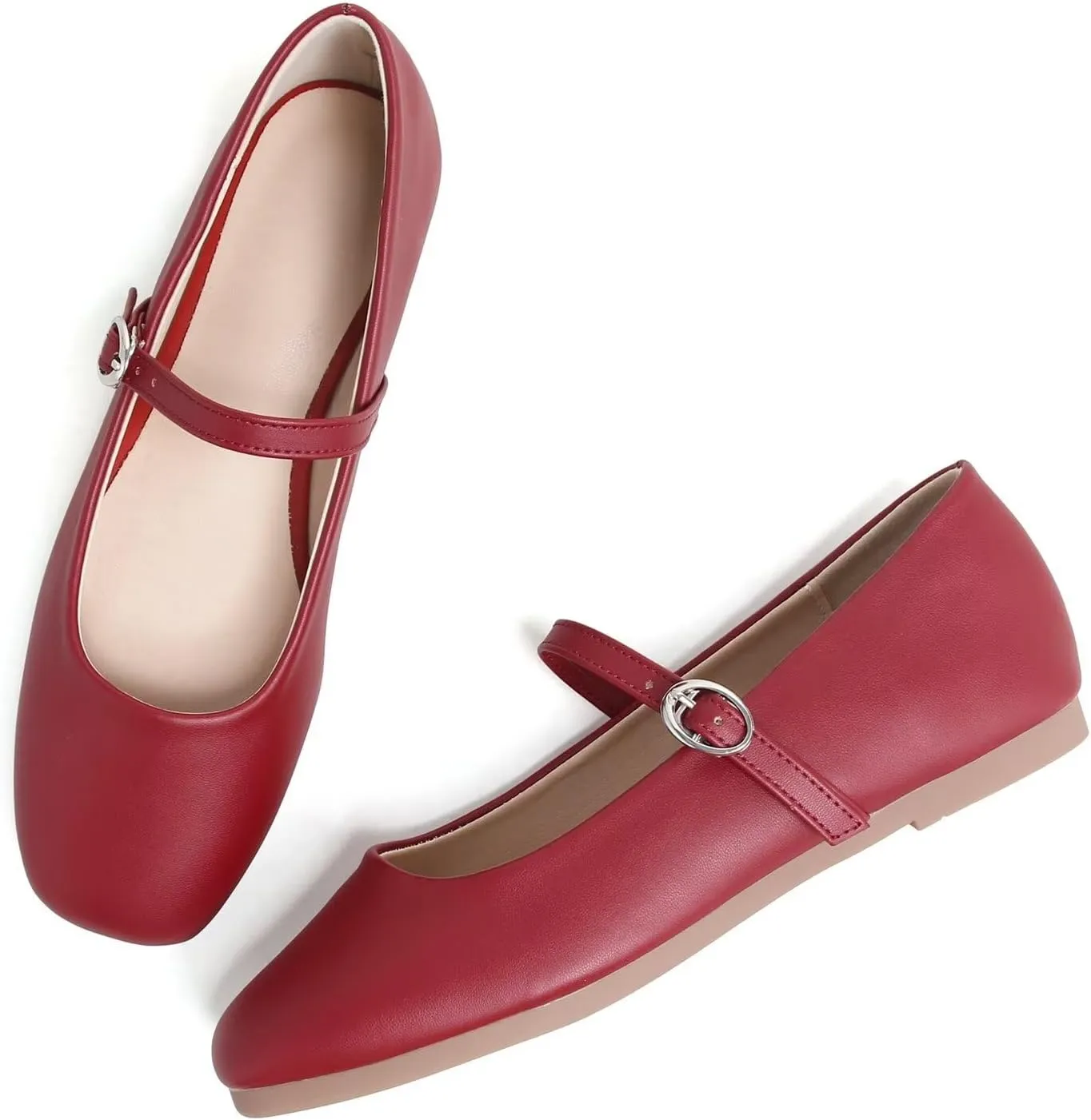 LUXINYU Leather Mary Jane Shoes for Women Dressy Square Toe Ankle Strap Ballet Shoes Comfortable Flats