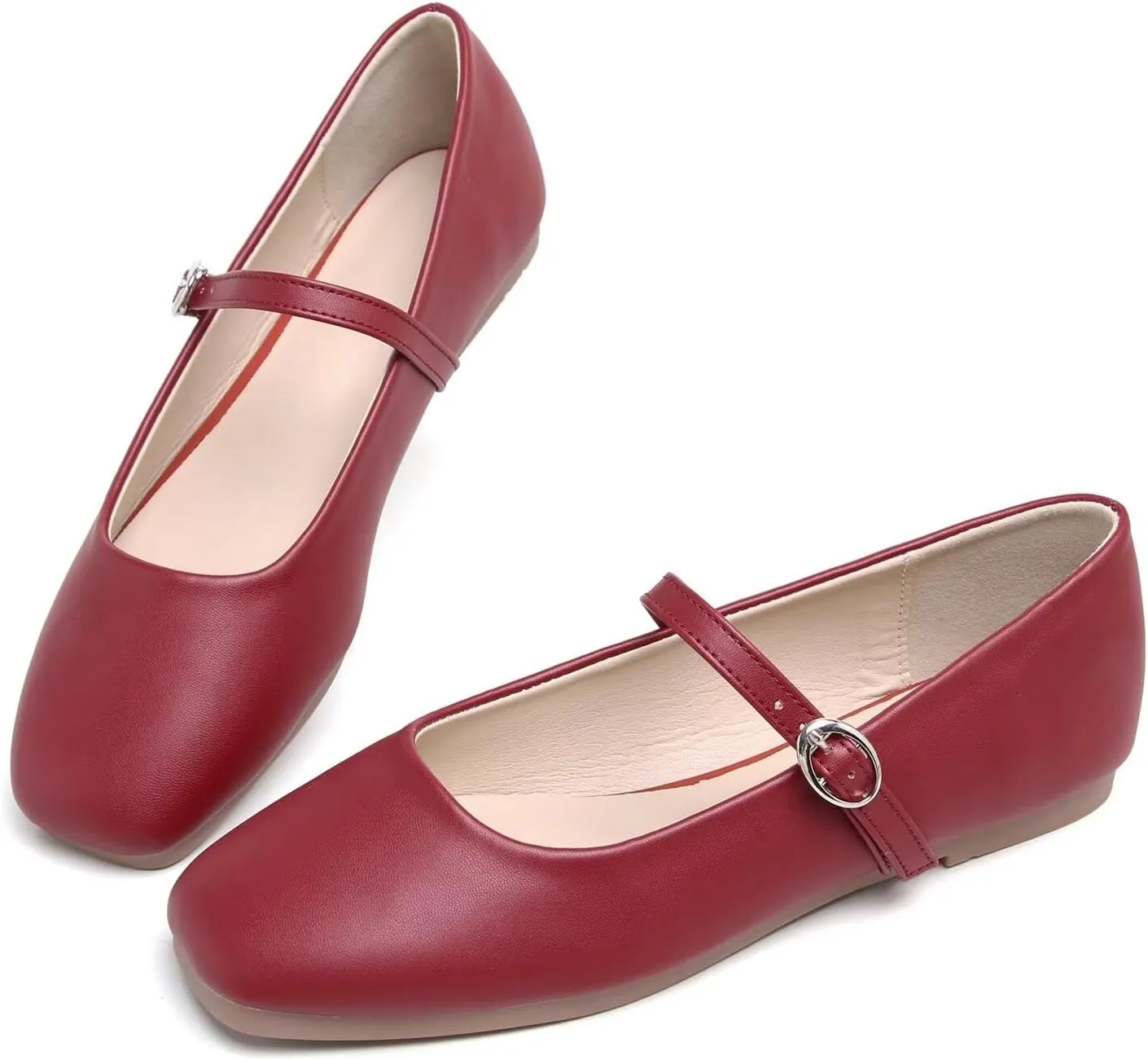 LUXINYU Leather Mary Jane Shoes for Women Dressy Square Toe Ankle Strap Ballet Shoes Comfortable Flats