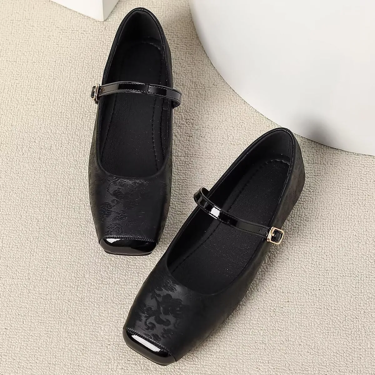 LUXINYU Mary Jane Shoes for Women Square Toe Ankle Straps Ballet Flat Shoes Floral Embroidered Chinese Shoes