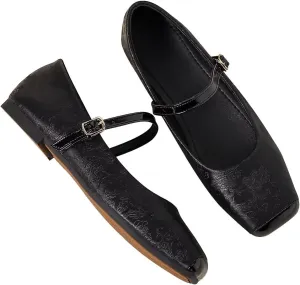 LUXINYU Mary Jane Shoes for Women Square Toe Ankle Straps Ballet Flat Shoes Floral Embroidered Chinese Shoes