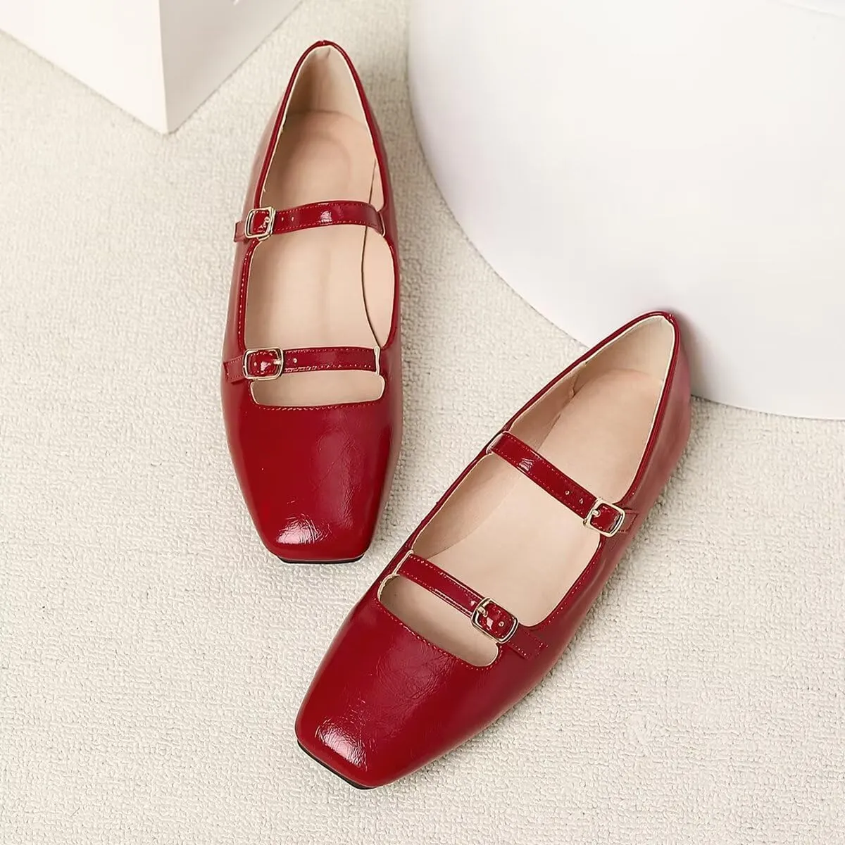 LUXINYU Women Mary Jane Elegant Dressy Square Toe Buckle Ankle Strap Microfiber Upper Solid Color Comfortable Low Heel Daily Walking Shoes Work Flats Prom Party Shoes