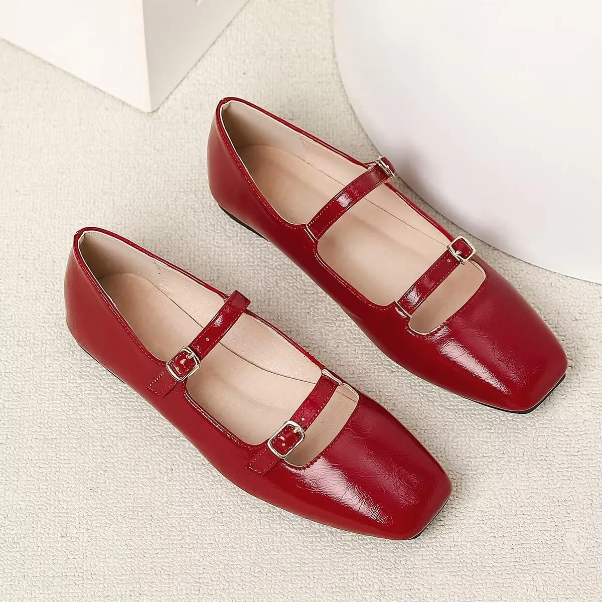 LUXINYU Women Mary Jane Elegant Dressy Square Toe Buckle Ankle Strap Microfiber Upper Solid Color Comfortable Low Heel Daily Walking Shoes Work Flats Prom Party Shoes