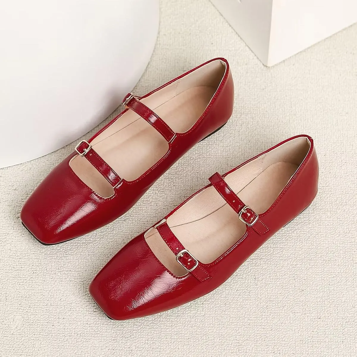 LUXINYU Women Mary Jane Elegant Dressy Square Toe Buckle Ankle Strap Microfiber Upper Solid Color Comfortable Low Heel Daily Walking Shoes Work Flats Prom Party Shoes
