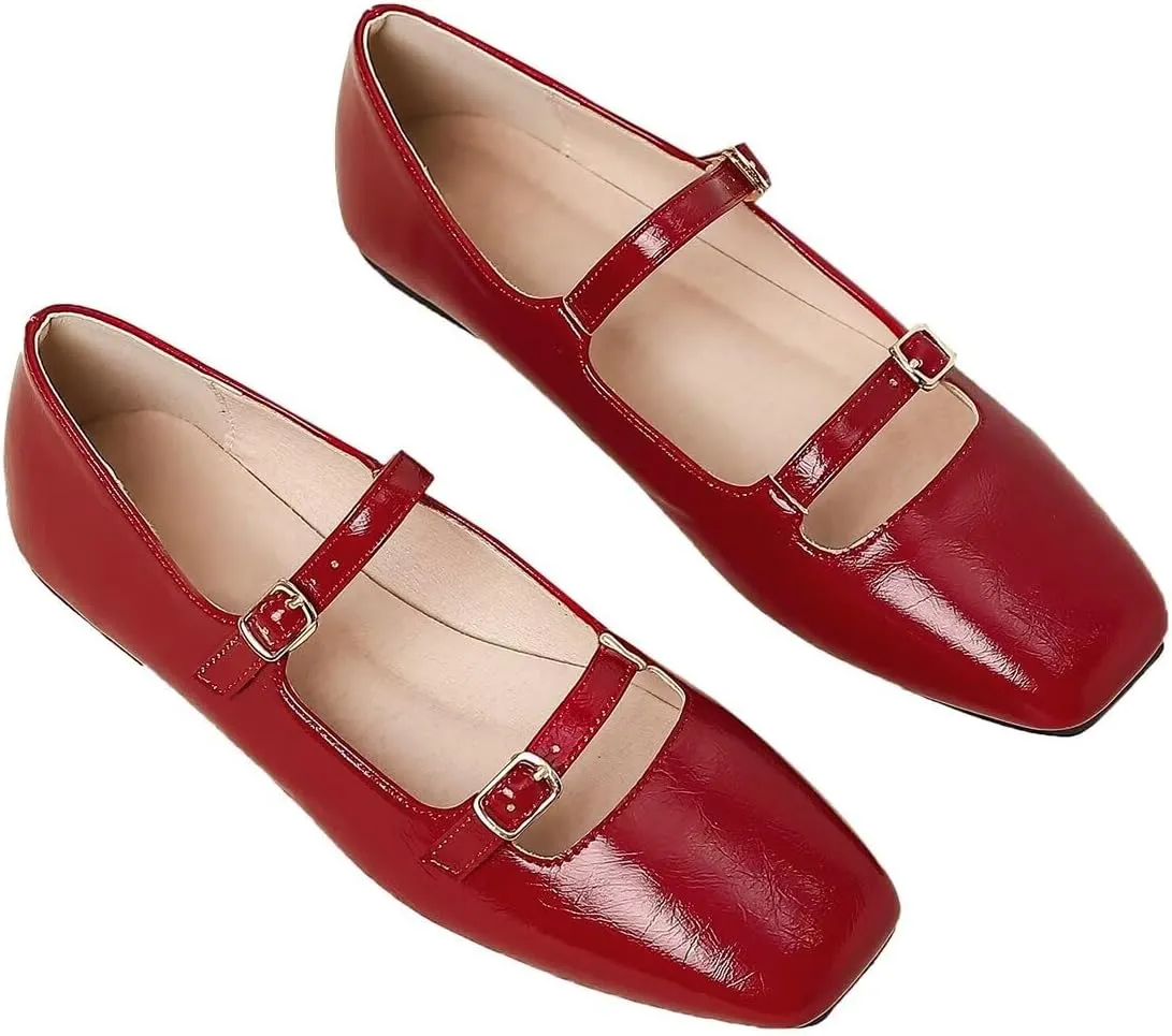 LUXINYU Women Mary Jane Elegant Dressy Square Toe Buckle Ankle Strap Microfiber Upper Solid Color Comfortable Low Heel Daily Walking Shoes Work Flats Prom Party Shoes