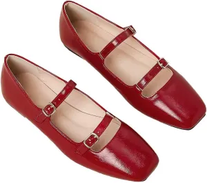 LUXINYU Women Mary Jane Elegant Dressy Square Toe Buckle Ankle Strap Microfiber Upper Solid Color Comfortable Low Heel Daily Walking Shoes Work Flats Prom Party Shoes