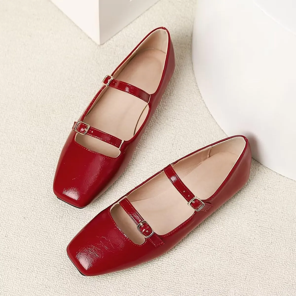 LUXINYU Women Mary Jane Elegant Dressy Square Toe Buckle Ankle Strap Microfiber Upper Solid Color Comfortable Low Heel Daily Walking Shoes Work Flats Prom Party Shoes