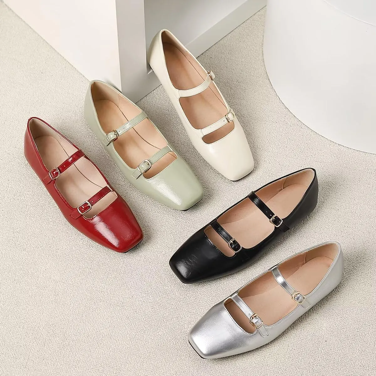 LUXINYU Women Mary Jane Elegant Dressy Square Toe Buckle Ankle Strap Microfiber Upper Solid Color Comfortable Low Heel Daily Walking Shoes Work Flats Prom Party Shoes
