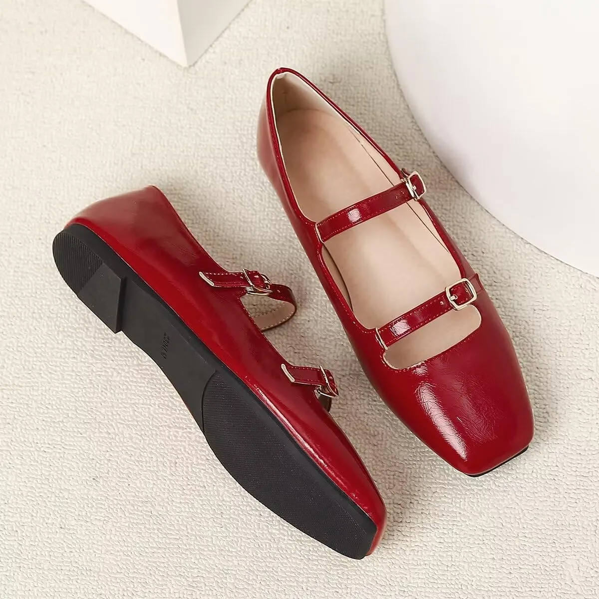LUXINYU Women Mary Jane Elegant Dressy Square Toe Buckle Ankle Strap Microfiber Upper Solid Color Comfortable Low Heel Daily Walking Shoes Work Flats Prom Party Shoes
