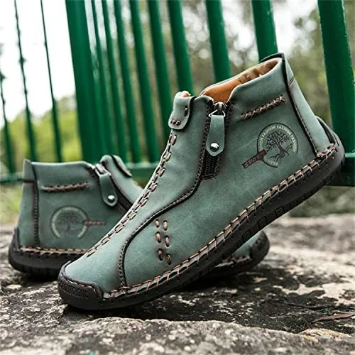 Medieval Boots Leather Renaissance Outdoor Casual Fashion Zipper Slip On Boots for Women Blue Green