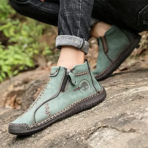 Medieval Boots Leather Renaissance Outdoor Casual Fashion Zipper Slip On Boots for Women Blue Green