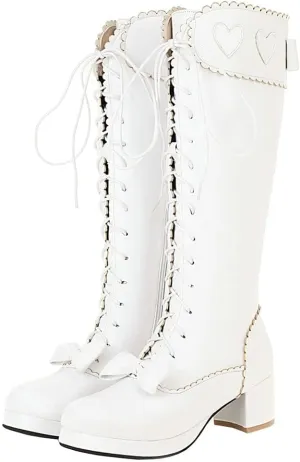 Meefit Women Lolita Lace Up Knee High Boot Platform Chunky Mid Heel Long Boots Kawaii Shoes,Bow Knee High Boots