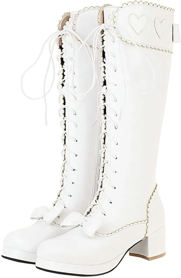 Meefit Women Lolita Lace Up Knee High Boot Platform Chunky Mid Heel Long Boots Kawaii Shoes,Bow Knee High Boots