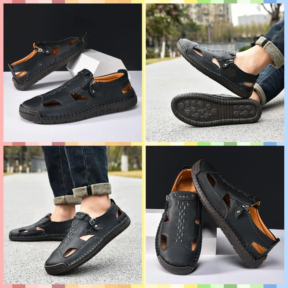 Men's Breathable Closed-Toe Leather Fisherman Sandals | Slip-On Comfort for Summer Outdoor Activities | Hand-Sewn with Side Zipper for Easy Wear | Perfect for Driving and Walking