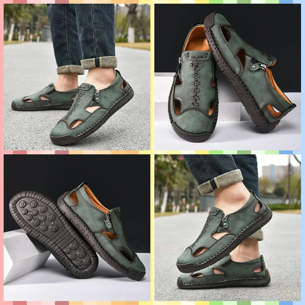Men's Breathable Closed-Toe Leather Fisherman Sandals | Slip-On Comfort for Summer Outdoor Activities | Hand-Sewn with Side Zipper for Easy Wear | Perfect for Driving and Walking