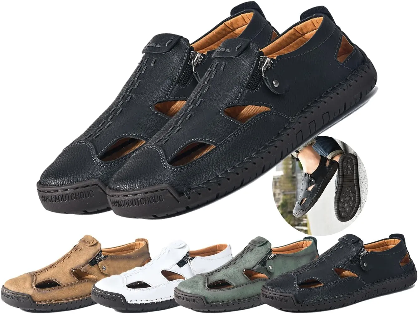 Men's Breathable Closed-Toe Leather Fisherman Sandals | Slip-On Comfort for Summer Outdoor Activities | Hand-Sewn with Side Zipper for Easy Wear | Perfect for Driving and Walking