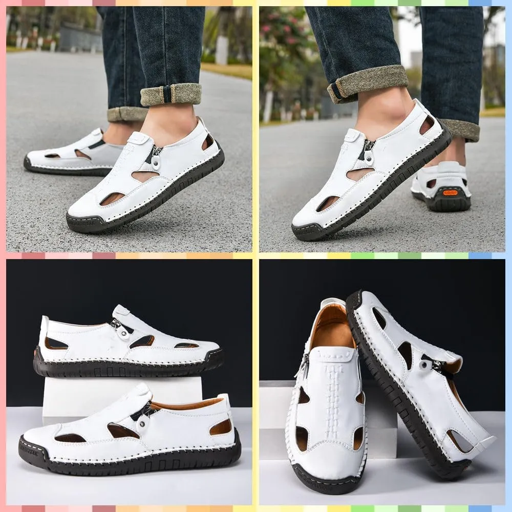 Men's Breathable Closed-Toe Leather Fisherman Sandals | Slip-On Comfort for Summer Outdoor Activities | Hand-Sewn with Side Zipper for Easy Wear | Perfect for Driving and Walking