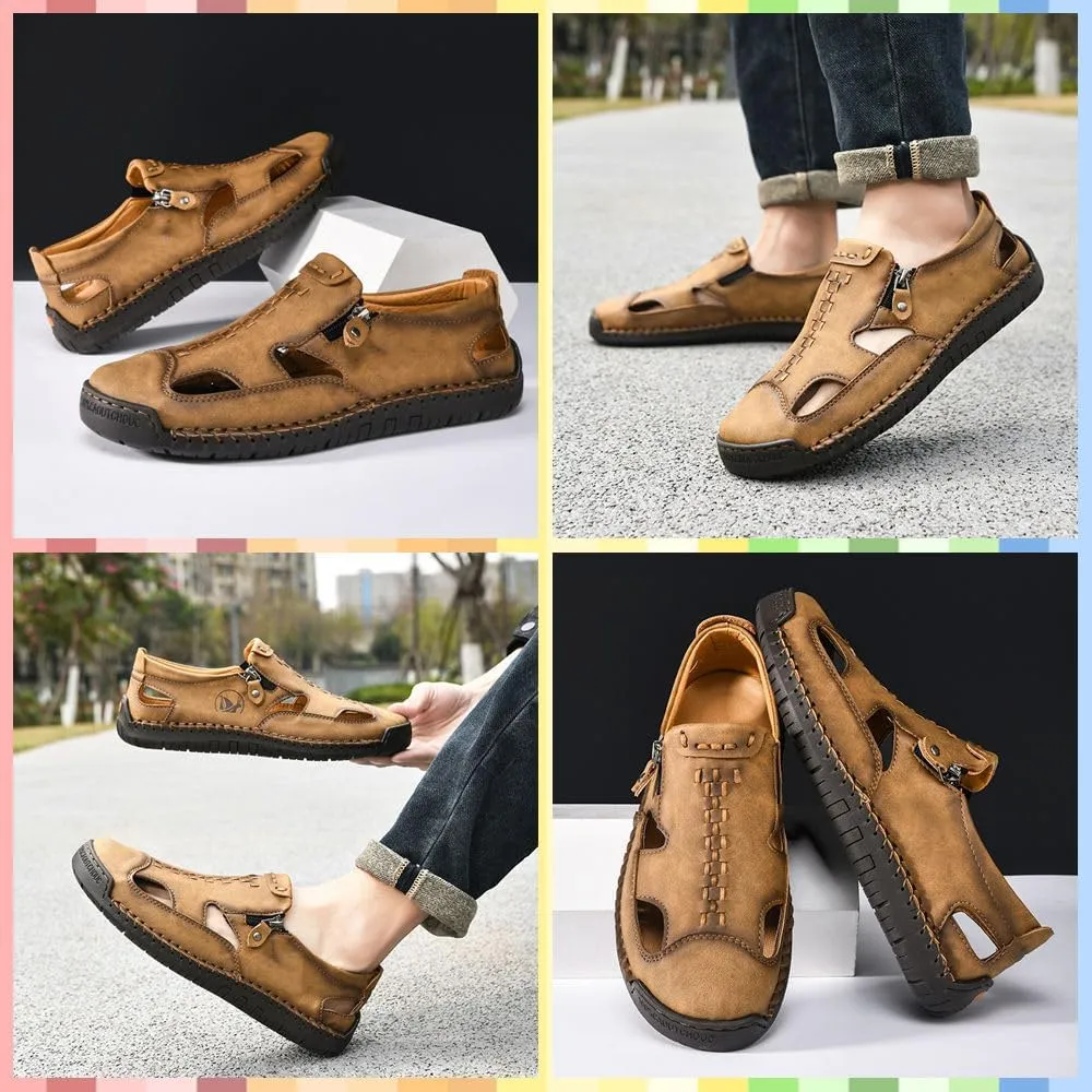 Men's Breathable Closed-Toe Leather Fisherman Sandals | Slip-On Comfort for Summer Outdoor Activities | Hand-Sewn with Side Zipper for Easy Wear | Perfect for Driving and Walking