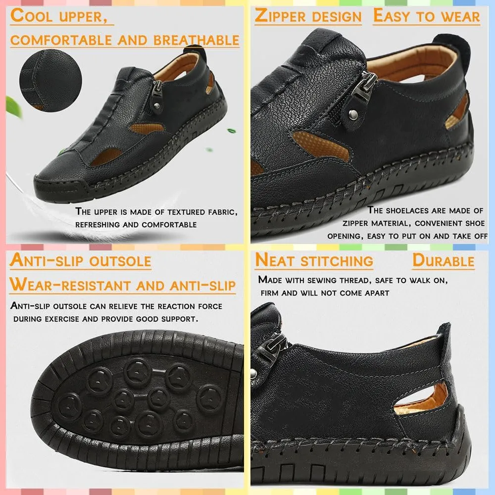 Men's Breathable Closed-Toe Leather Fisherman Sandals | Slip-On Comfort for Summer Outdoor Activities | Hand-Sewn with Side Zipper for Easy Wear | Perfect for Driving and Walking