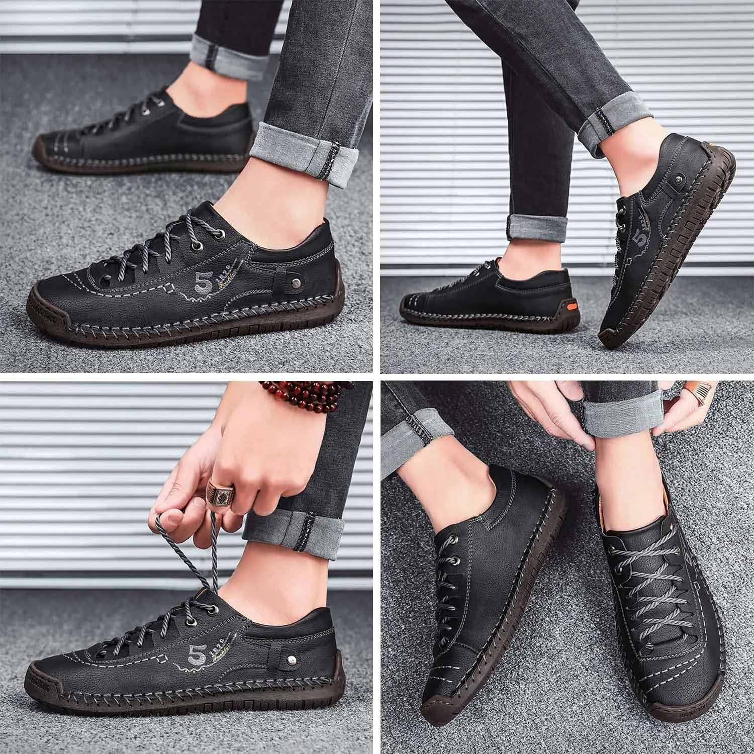 Mens Casual Shoes Summer Breathable Sneakers Loafers Walking Shoes Hand Made Lace-Up Leather Dress Flats Shoes for Driving Business Working Office