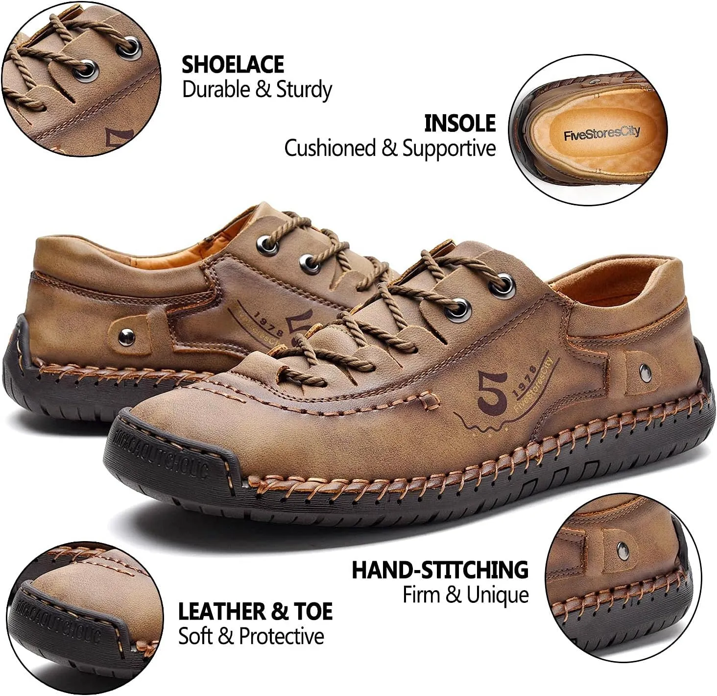 Mens Casual Shoes Summer Breathable Sneakers Loafers Walking Shoes Hand Made Lace-Up Leather Dress Flats Shoes for Driving Business Working Office