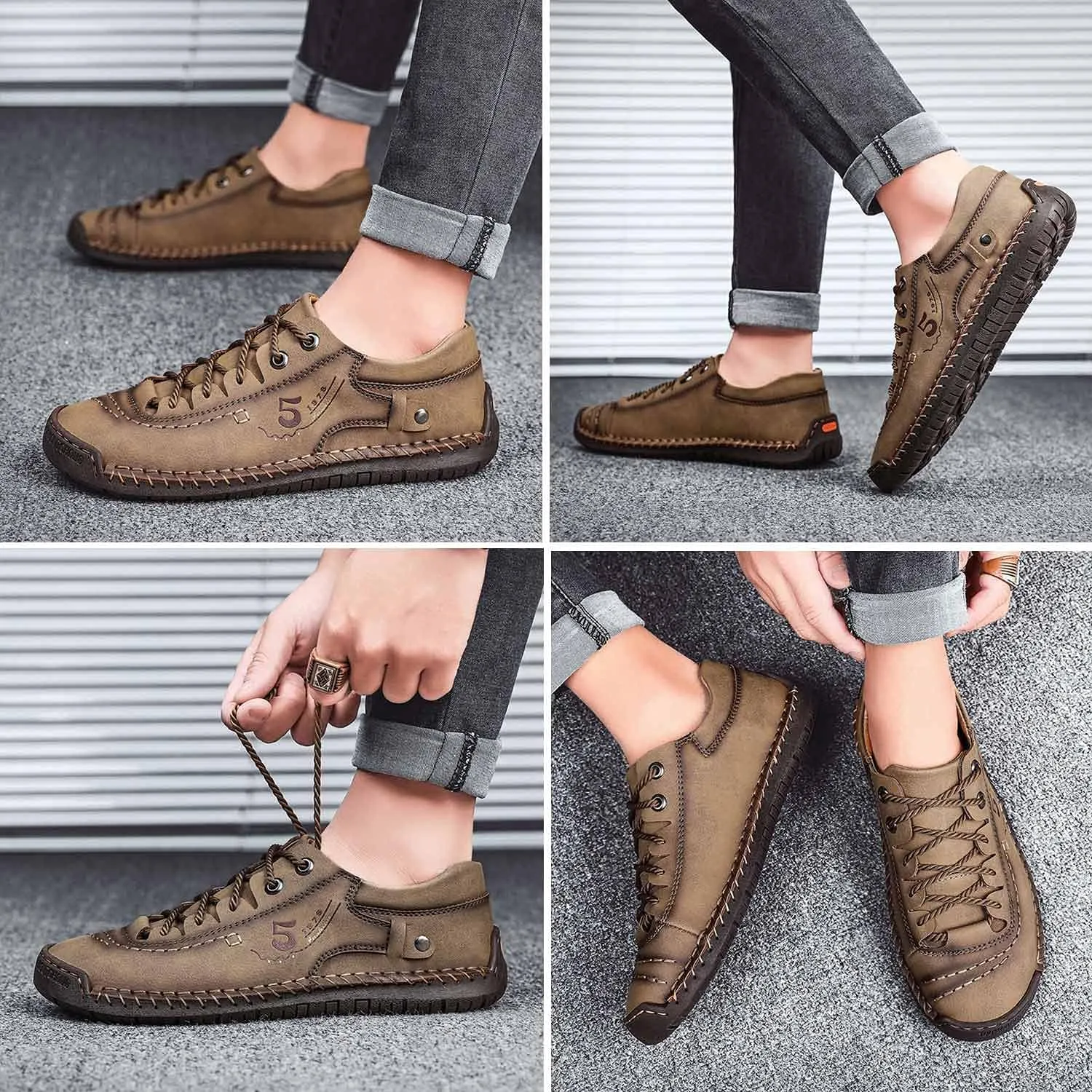 Mens Casual Shoes Summer Breathable Sneakers Loafers Walking Shoes Hand Made Lace-Up Leather Dress Flats Shoes for Driving Business Working Office