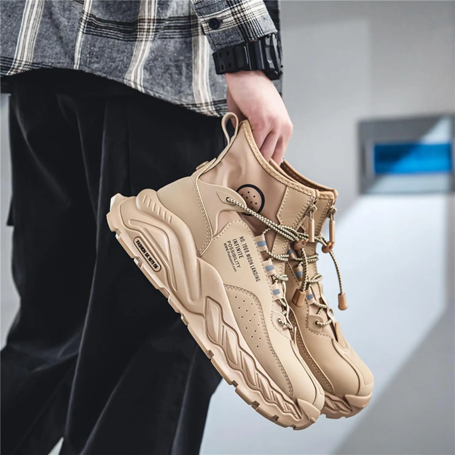 Men's Fashion High Top Sneakers Stylish Street Casual Walking Shoes Chunky Sneakers Work Shoes