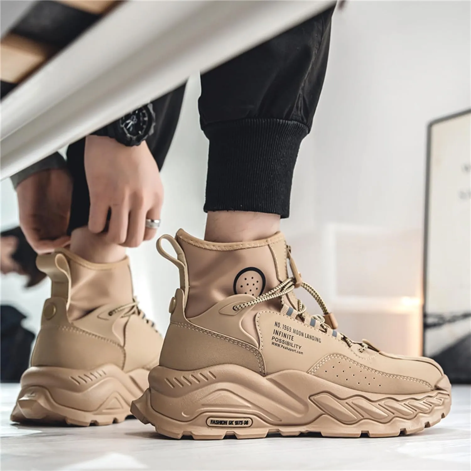 Men's Fashion High Top Sneakers Stylish Street Casual Walking Shoes Chunky Sneakers Work Shoes