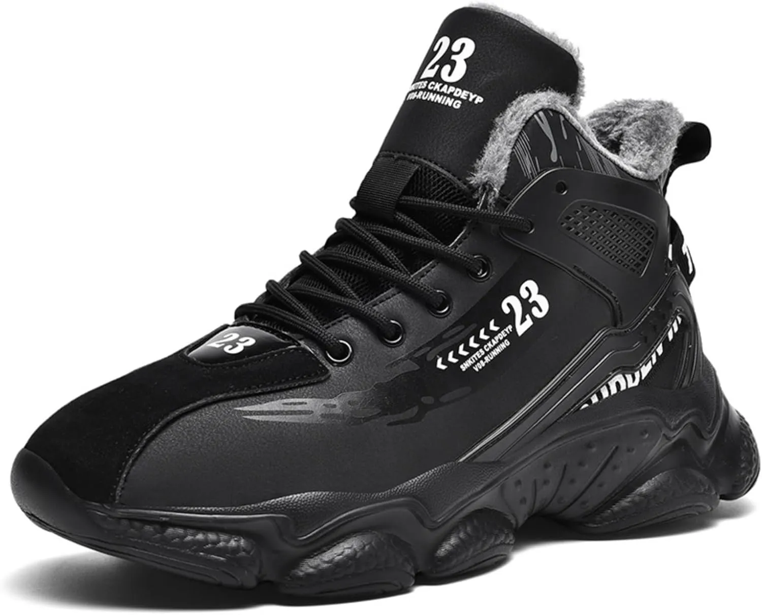 Mens Fashion Lace-Up Leather Fur Lining Platform Sneakers Mid Top Round Toe Non-Slip Chunky Casual Sport Shoes for Walking Workout Driving