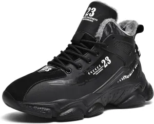 Mens Fashion Lace-Up Leather Fur Lining Platform Sneakers Mid Top Round Toe Non-Slip Chunky Casual Sport Shoes for Walking Workout Driving