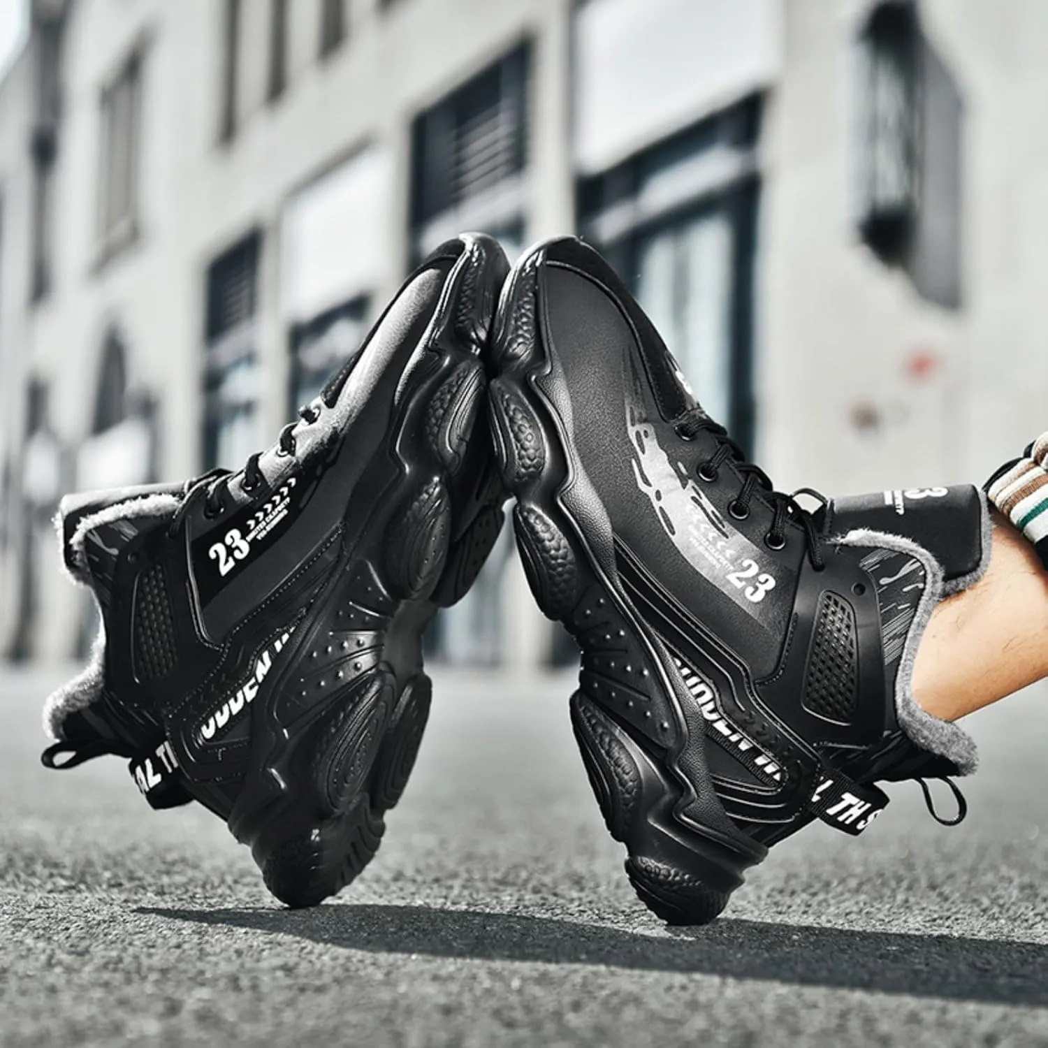 Mens Fashion Lace-Up Leather Fur Lining Platform Sneakers Mid Top Round Toe Non-Slip Chunky Casual Sport Shoes for Walking Workout Driving