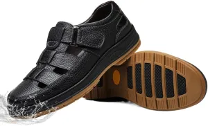Men's Retro Head Oxford Shoes Beach Shoes Cowhide Upper Sticky Open Toe Sandals, Waterproof Comfortable Non-Slip Hook & Loop Beach Water